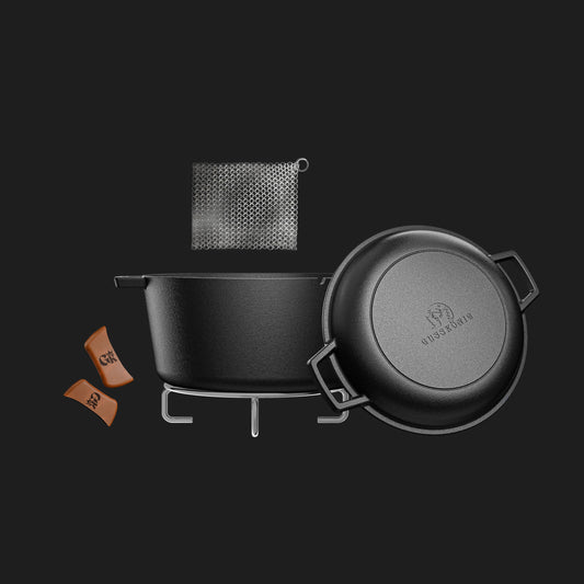 Dutch Oven mit Ledergriffen und praktischer Deckelpfanne