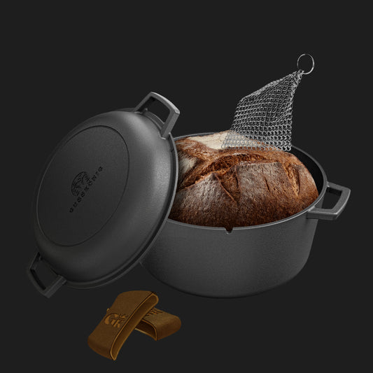 2in1 Dutch Oven: 4,8L Topf + 1,8L Pfanne, Gusseisen, eingebrannt, mit Deckel, Zubehör & Kochbuch