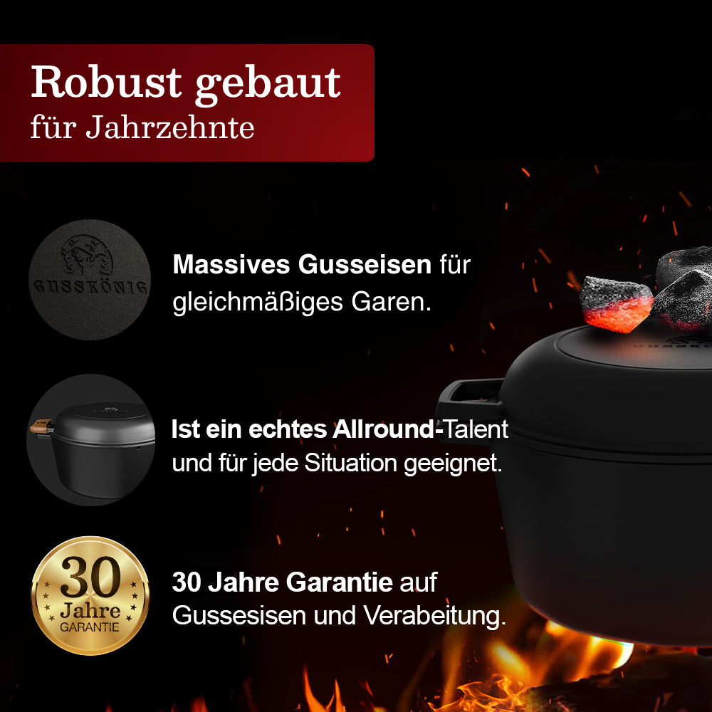 Dutch Oven mit Ledergriffen und praktischer Deckelpfanne