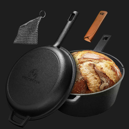 2in1 Dutch Oven: 4,8L Topf + 1,8L Pfanne, Gusseisen, eingebrannt, mit Deckel, Zubehör & Kochbuch 2in1 Pfanne