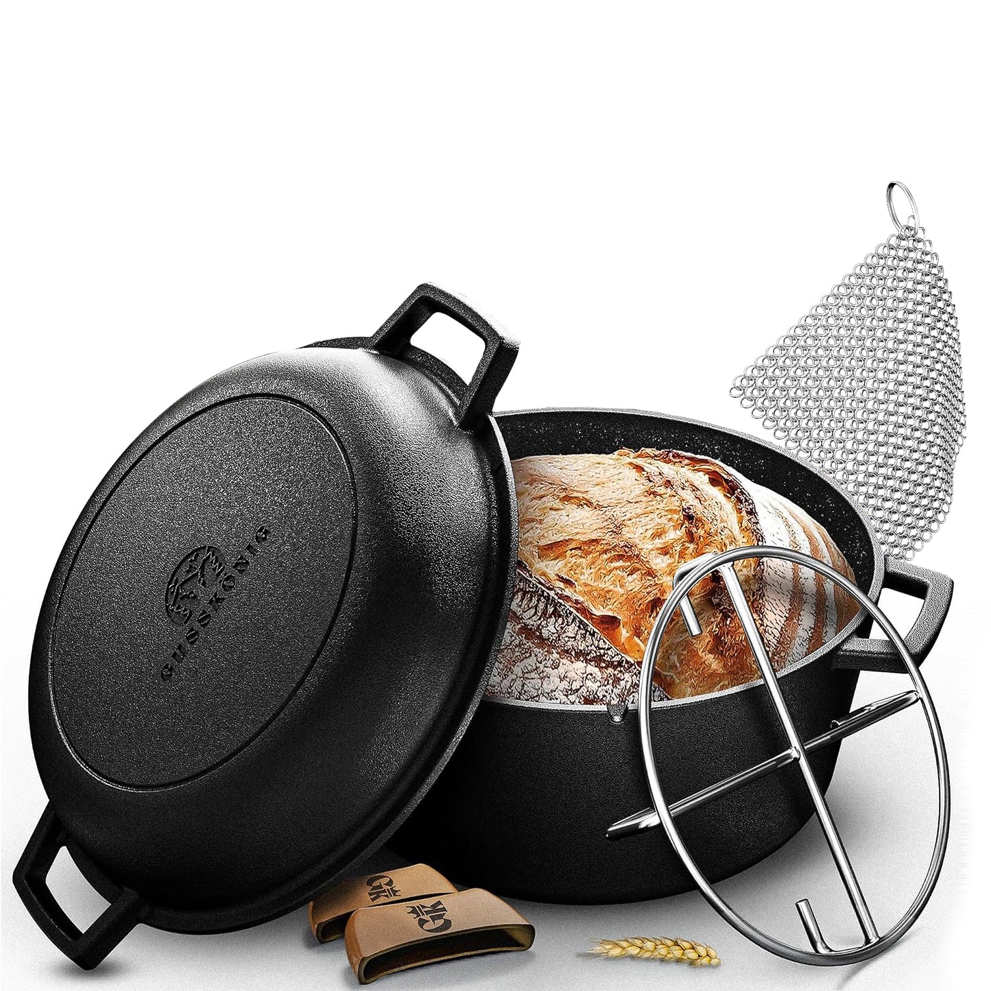 2in1 Dutch Oven: 4,8L Topf + 1,8L Pfanne, Gusseisen, eingebrannt, mit Deckel, Zubehör & Kochbuch