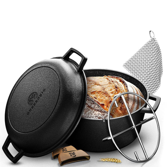 2in1 Dutch Oven: 4,8L Topf + 1,8L Pfanne, Gusseisen, eingebrannt, mit Deckel, Zubehör & Kochbuch