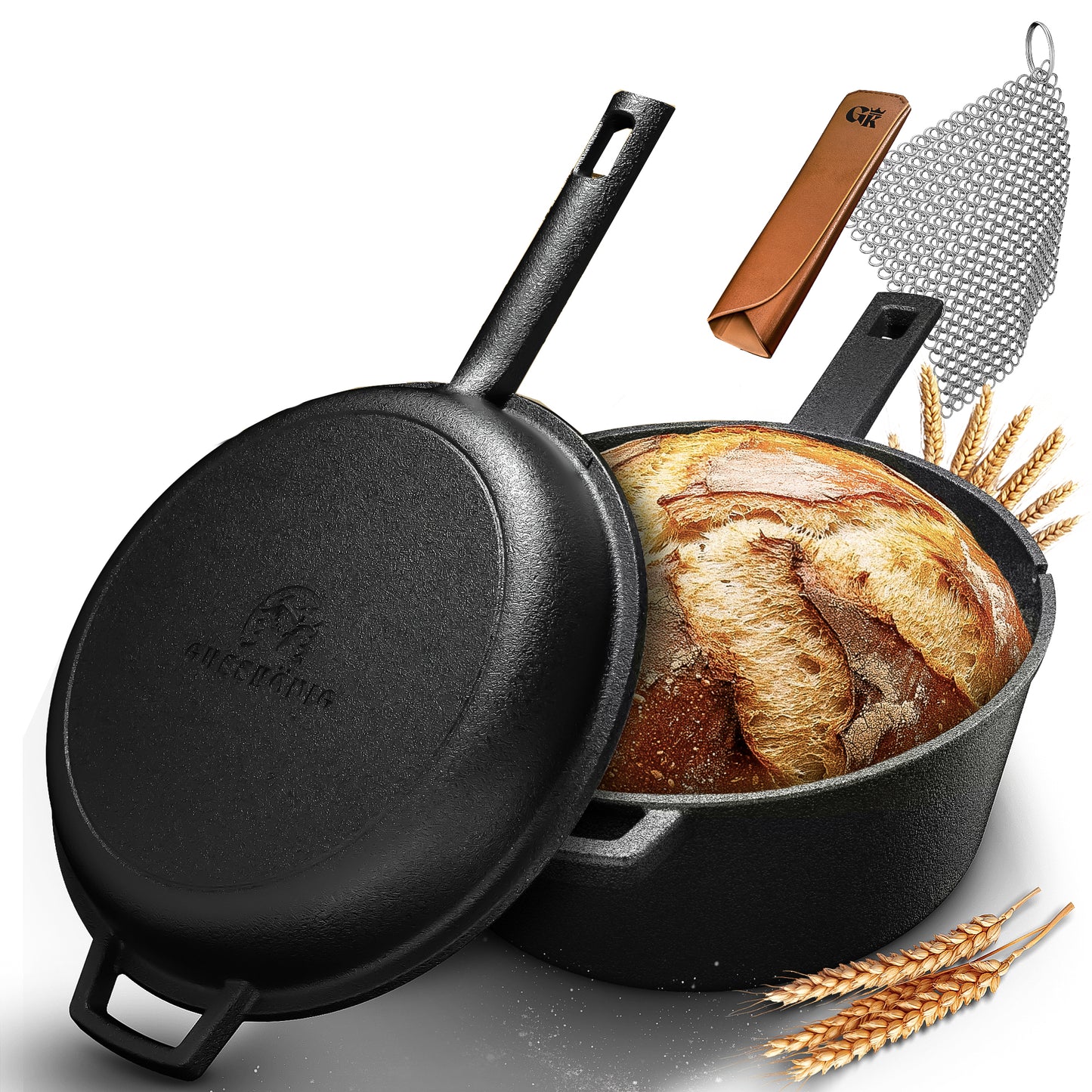 2in1 Dutch Oven: 4,8L Topf + 1,8L Pfanne, Gusseisen, eingebrannt, mit Deckel, Zubehör & Kochbuch