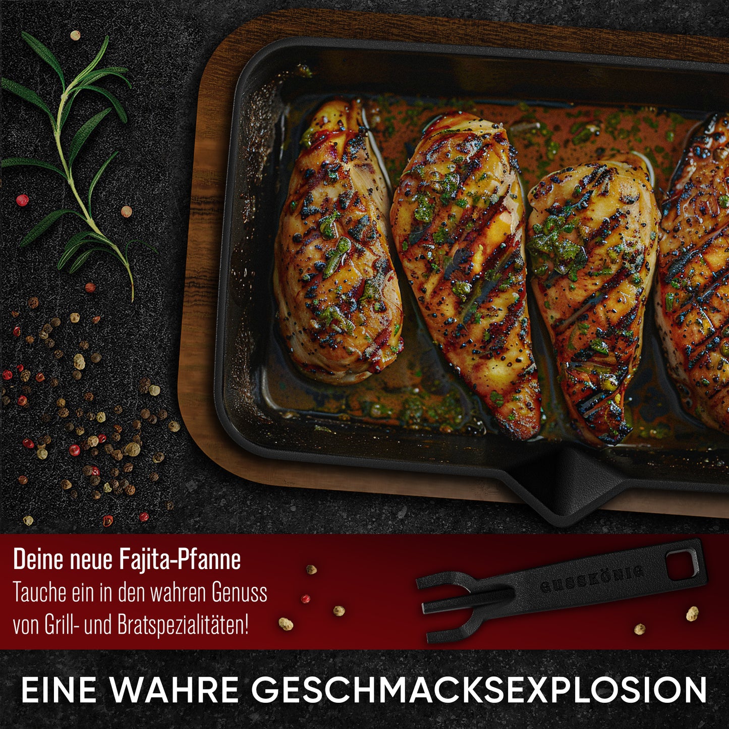 GUSSKÖNIG Fajita-Pfanne aus Gusseisen inkl. Soßenschale & Servierbrett aus Akazienholz  - Gusseisen Grillpfanne mit abnhembaren Griff - eingebrannter Grillpfanne Gusseisen inkl. Rezeptbuch & Anleitung