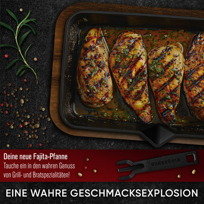 GUSSKÖNIG Fajita-Pfanne aus Gusseisen inkl. Soßenschale & Servierbrett aus Akazienholz  - Gusseisen Grillpfanne mit abnhembaren Griff - eingebrannter Grillpfanne Gusseisen inkl. Rezeptbuch & Anleitung