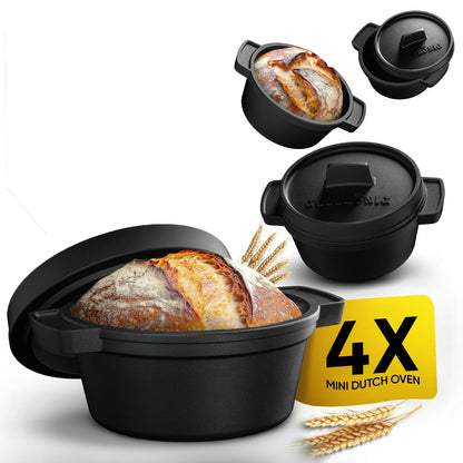 GUSSKÖNIG Mini Gusseisen Brotbackform Set – [6x, 4x] 300ml Brotbacktopf mit Deckel