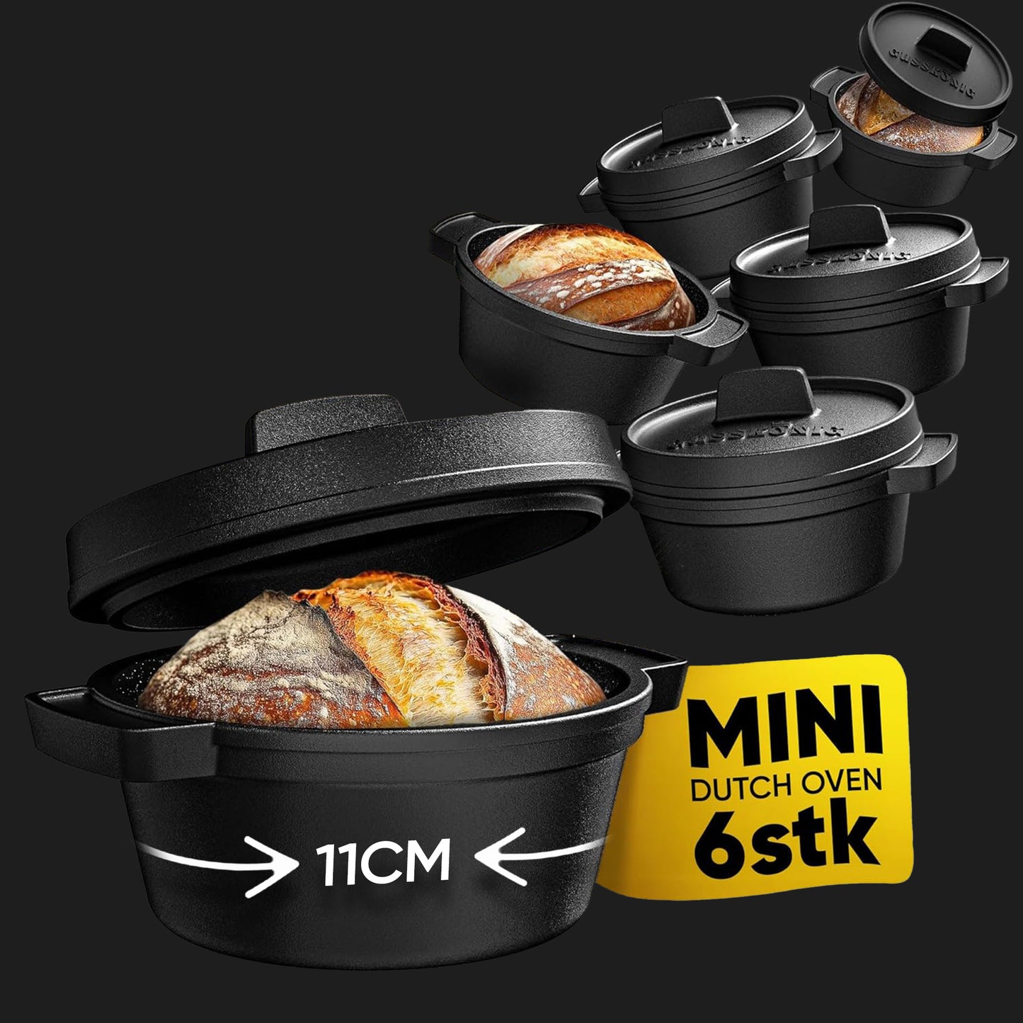 GUSSKÖNIG Mini Gusseisen Brotbackform Set – [6Stk, 4Stk] 300ml Brotbacktopf mit Deckel 6Stk ohne Holzuntersetzer