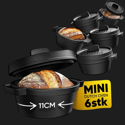 GUSSKÖNIG Mini Gusseisen Brotbackform Set – [6Stk, 4Stk] 300ml Brotbacktopf mit Deckel 6Stk ohne Holzuntersetzer