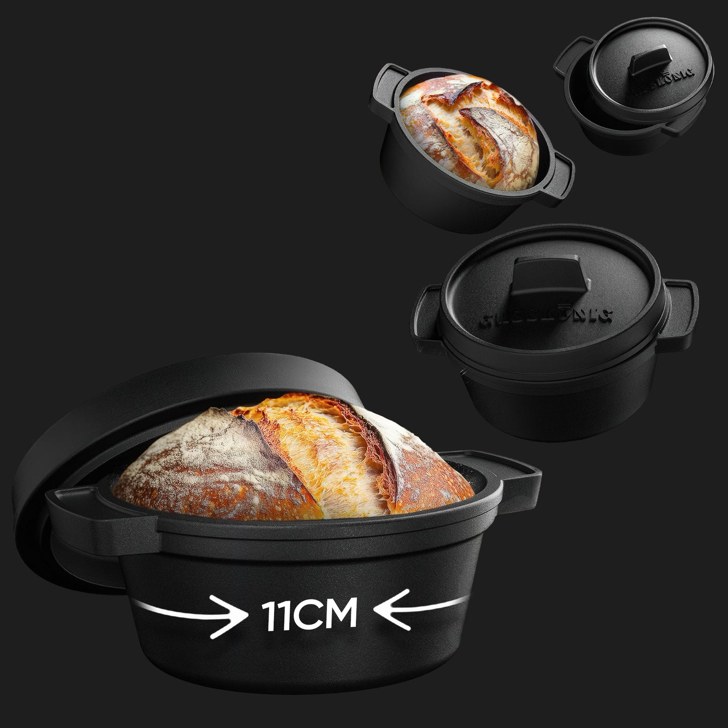 GUSSKÖNIG Mini Gusseisen Brotbackform Set – [6Stk, 4Stk] 300ml Brotbacktopf mit Deckel 4Stk ohne Holzuntersetzer