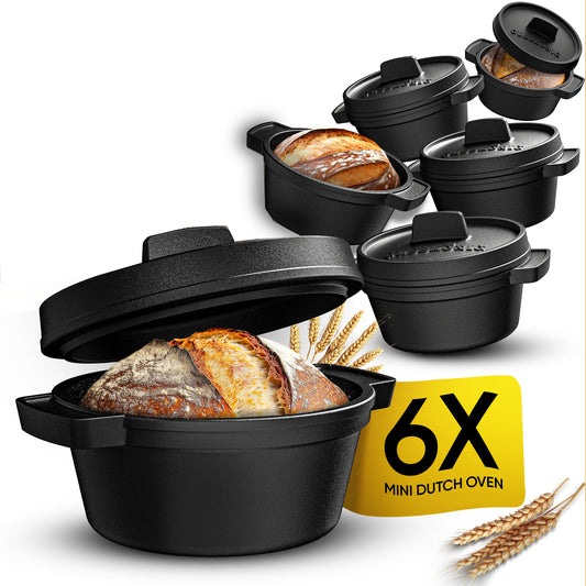 GUSSKÖNIG Mini Gusseisen Brotbackform Set – [6x, 4x] 300ml Brotbacktopf mit Deckel