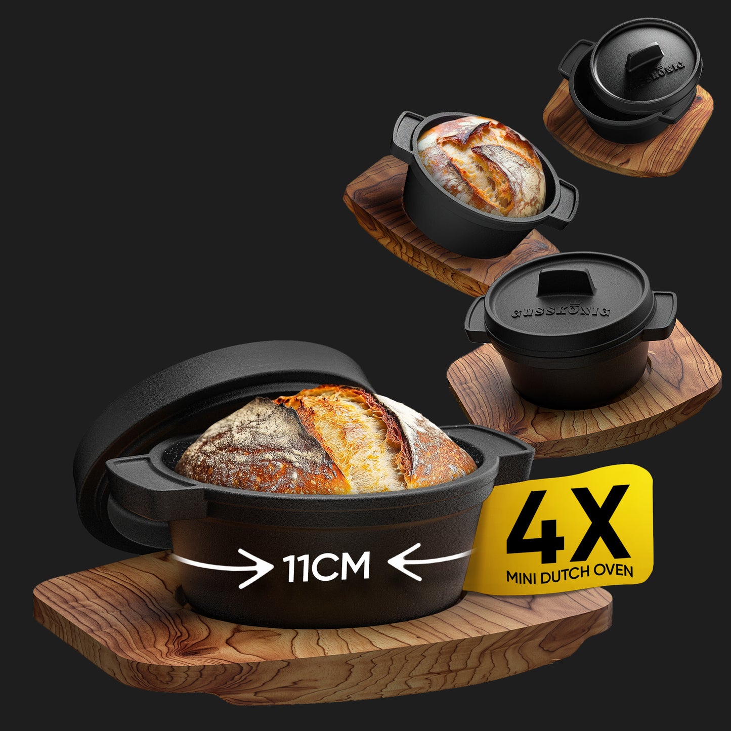 GUSSKÖNIG Mini Gusseisen Brotbackform Set – [6Stk, 4Stk] 300ml Brotbacktopf mit Deckel 4Stk mit Holzuntersetzer