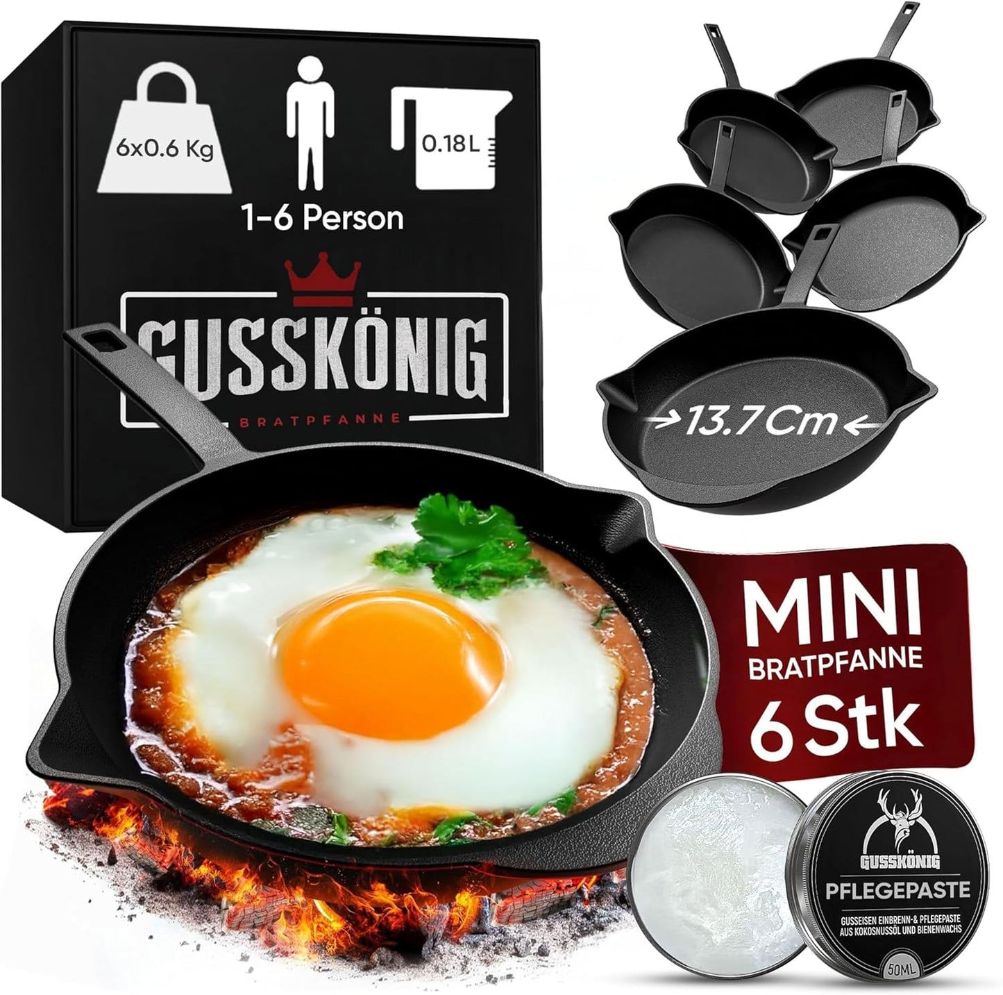 Bratpfanne Gusseisen (6er Set) – Gusseisenpfanne klein Ø 13,5 cm – 6x kleine Pfanne Gusseisen – eingebrannte Gusseisenpfanne Grill – inkl. Pflegepaste – 30 Jahre Garantie