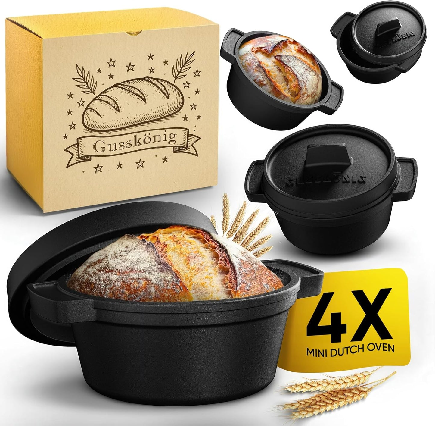 GUSSKÖNIG Mini Gusseisen Brotbackform Set – [6x, 4x] 300ml Brotbacktopf mit Deckel