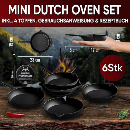Bratpfanne Gusseisen (6er Set) – Gusseisenpfanne klein Ø 13,5 cm – 6x kleine Pfanne Gusseisen – eingebrannte Gusseisenpfanne Grill – inkl. Pflegepaste – 30 Jahre Garantie
