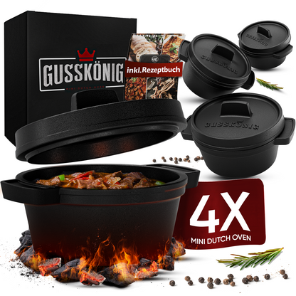 GUSSKÖNIG Dutch Oven Set Mini- 6x 300ml & 4x 300ml Gusseisen Mini Topf mit Deckel- inkl. Rezeptbuch & Anleitungd