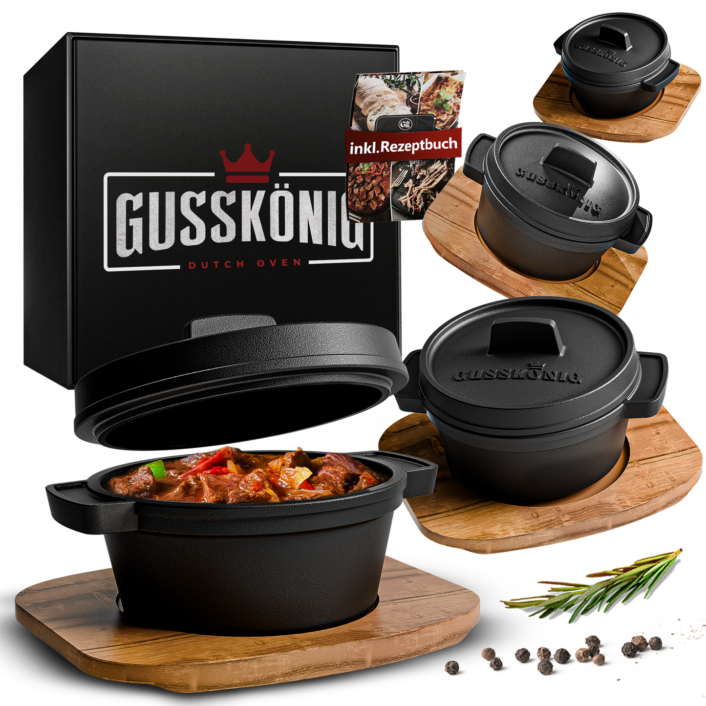 GUSSKÖNIG Dutch Oven Set Mini- 6x 300ml & 4x 300ml Gusseisen Mini Topf mit Deckel- inkl. Rezeptbuch & Anleitungd