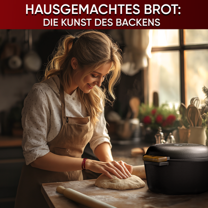 GUSSKÖNIG 2in1 Dutch Oven - Eingebrannter Gusseisen Topf Brot Backen 4,8L & Grillpfanne 1,8L - Brotbackform, Gusseisen Bräter, Brotbacktopf, Brottopf, Brotbackform mit Deckel, inkl. Kochbuch & Zubehör