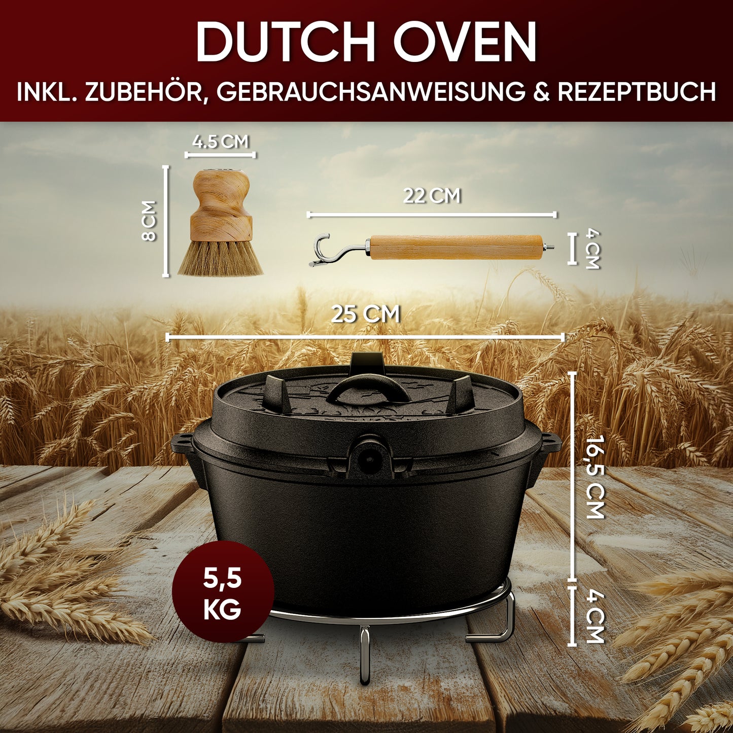 Gusskönig Gusseisen Brotbackform mit Deckel 26 cm - Brotbacktopf inkl. Rezeptbuch [4.5L, 9L, 12L]
