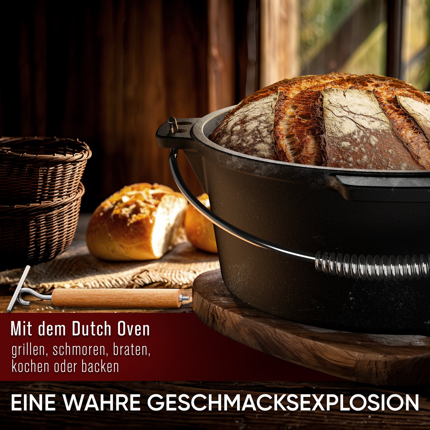 Gusskönig Gusseisen Brotbackform mit Deckel 26 cm - Brotbacktopf inkl. Rezeptbuch [4.5L, 9L, 12L]