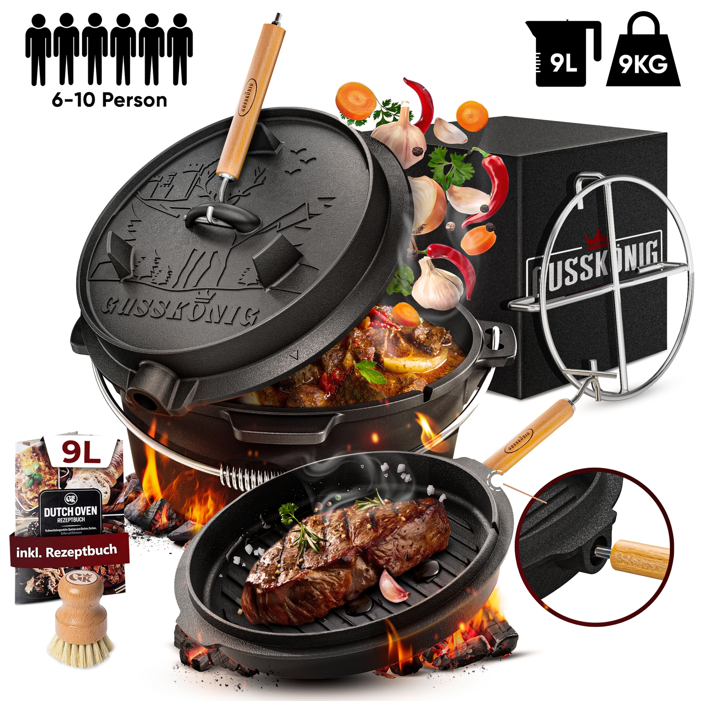 Dutch Oven mit 2in1Deckelheber und Untersetzer [5L, 7L, 9L, 12L]