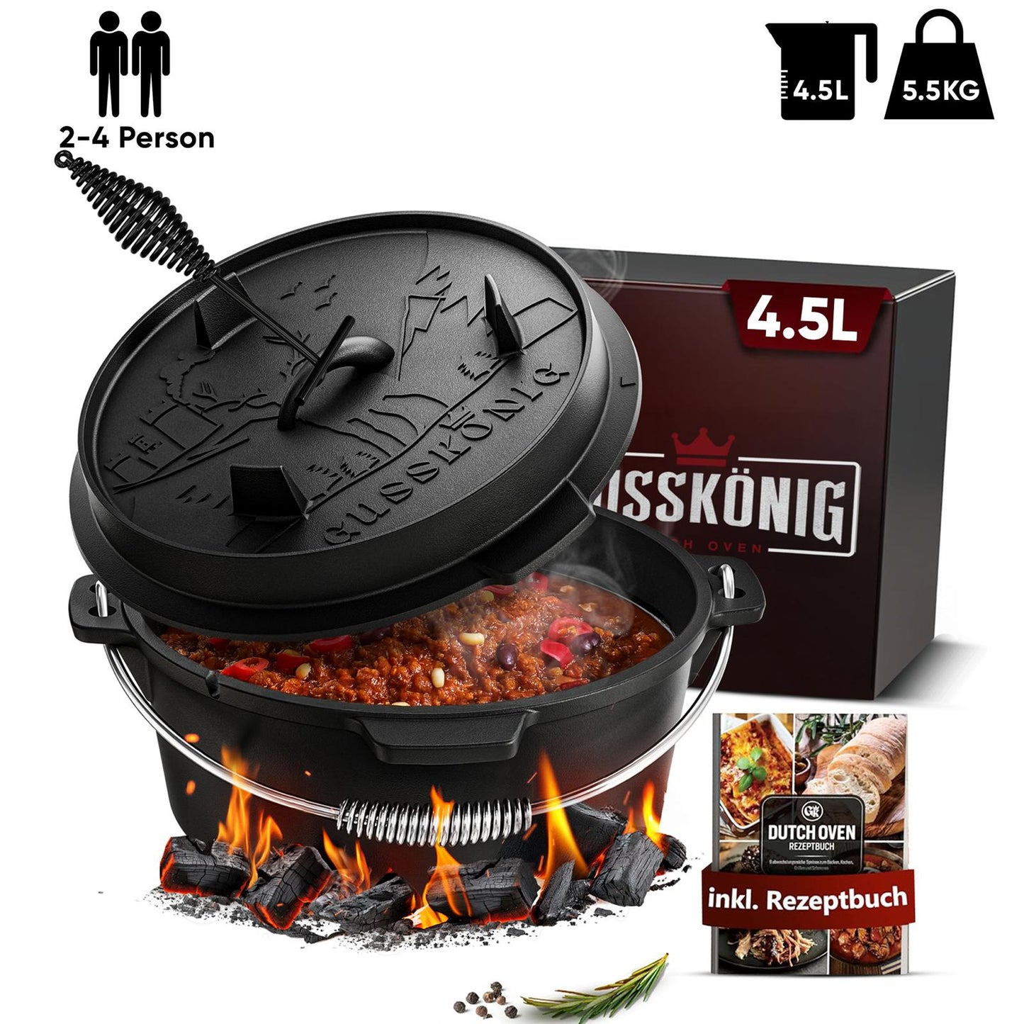 Rustikaler Dutch Oven mit Deckelheber und Standfüßen [5L, 7L, 9L, 12L]