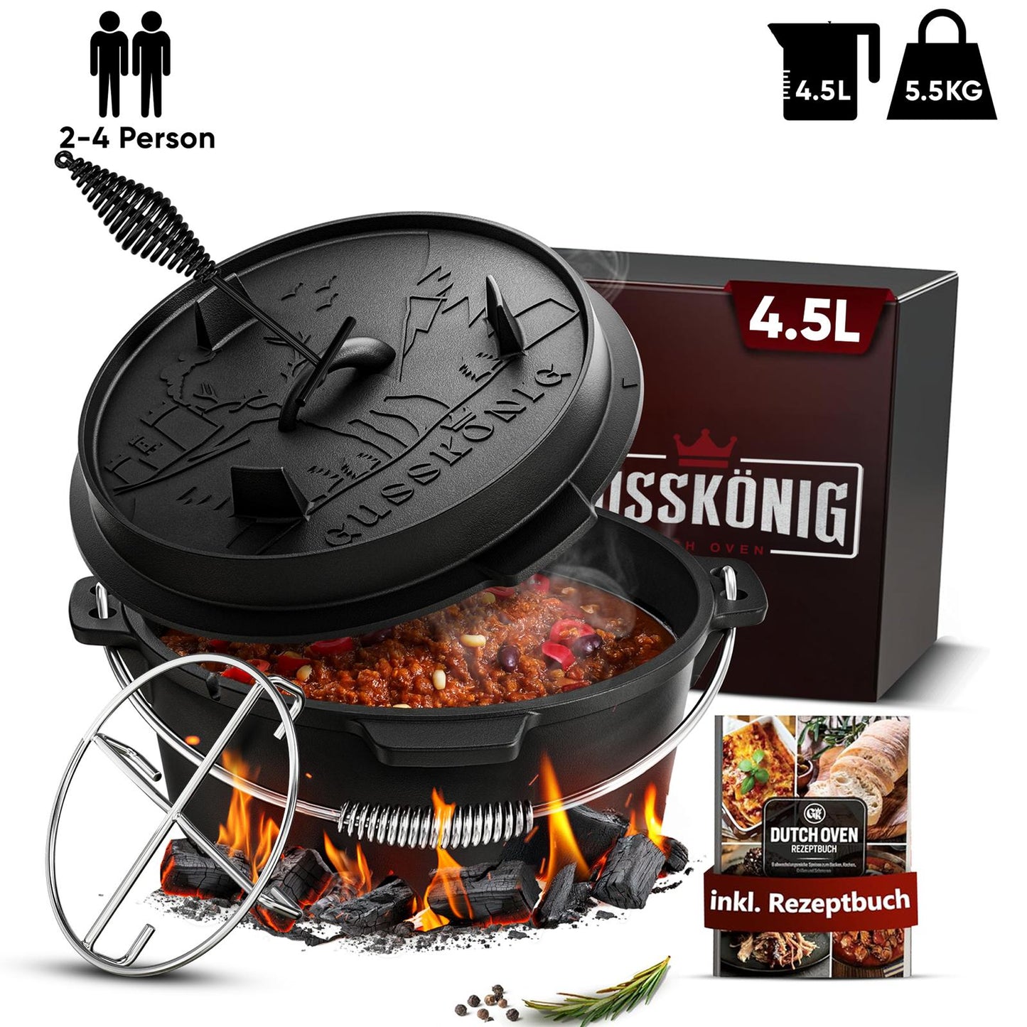 Rustikaler Dutch Oven mit Deckelheber und Untersetzer [5L, 7L, 9L, 12L]