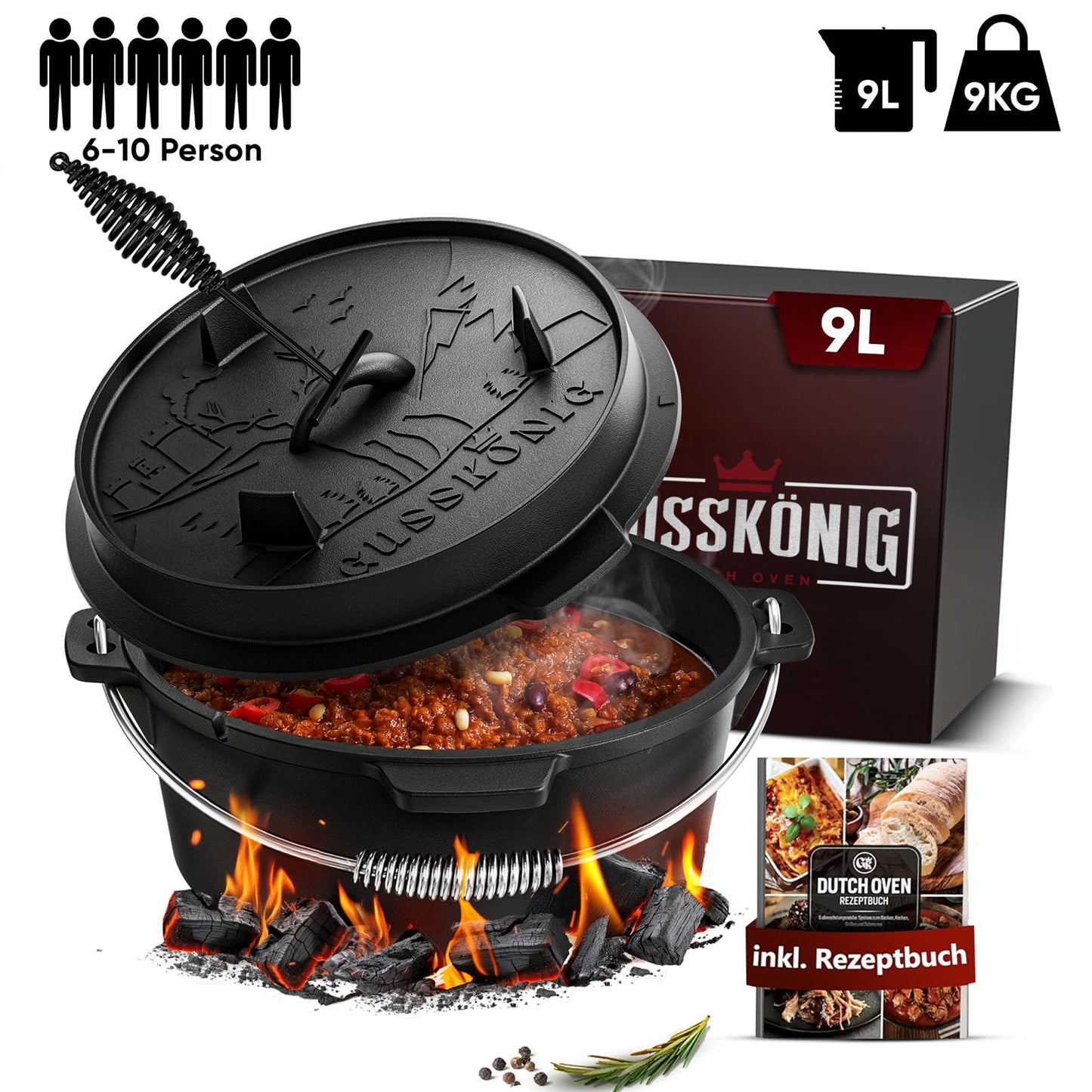 Rustikaler Dutch Oven mit Deckelheber und Standfüßen [5L, 7L, 9L, 12L]