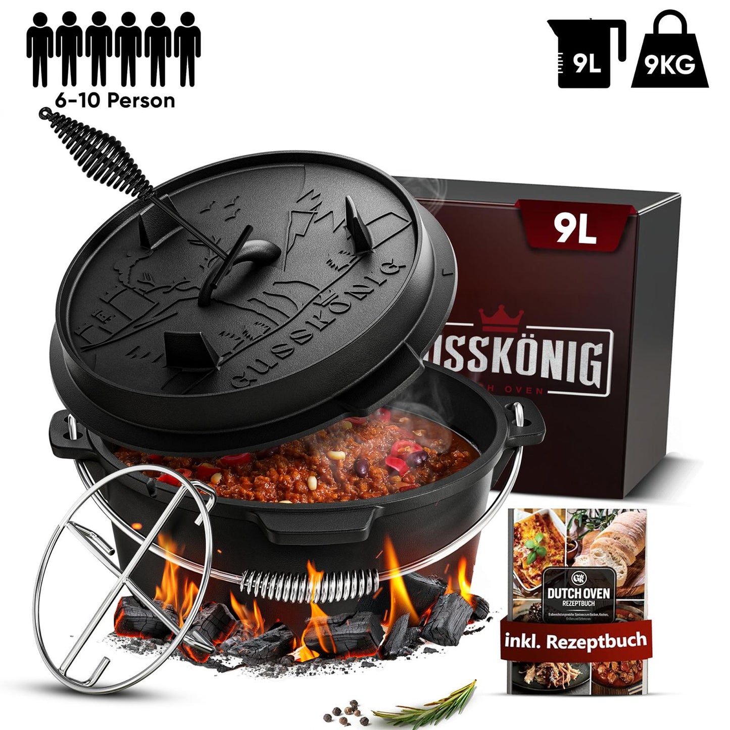 Rustikaler Dutch Oven mit Deckelheber und Untersetzer [5L, 7L, 9L, 12L]