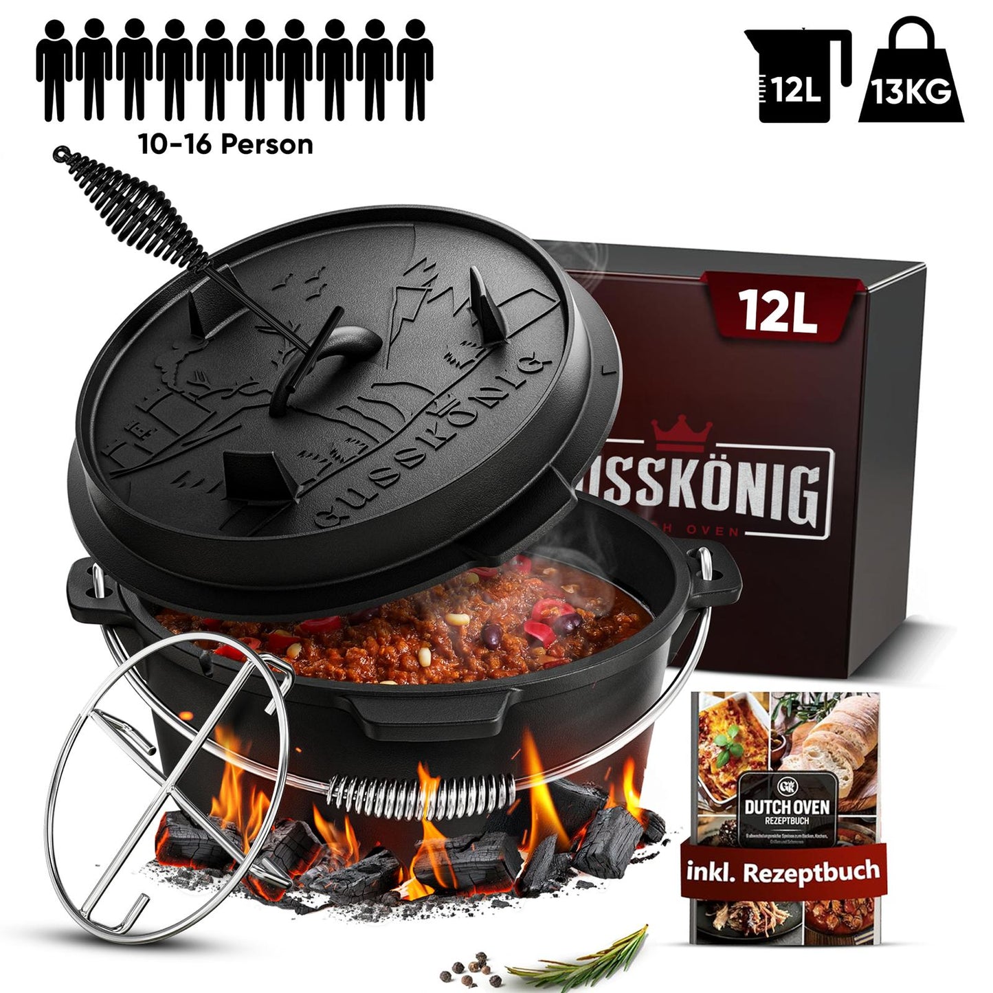 Rustikaler Dutch Oven mit Deckelheber und Untersetzer [5L, 7L, 9L, 12L]