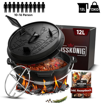 Rustikaler Dutch Oven mit Deckelheber und Untersetzer [5L, 7L, 9L, 12L]