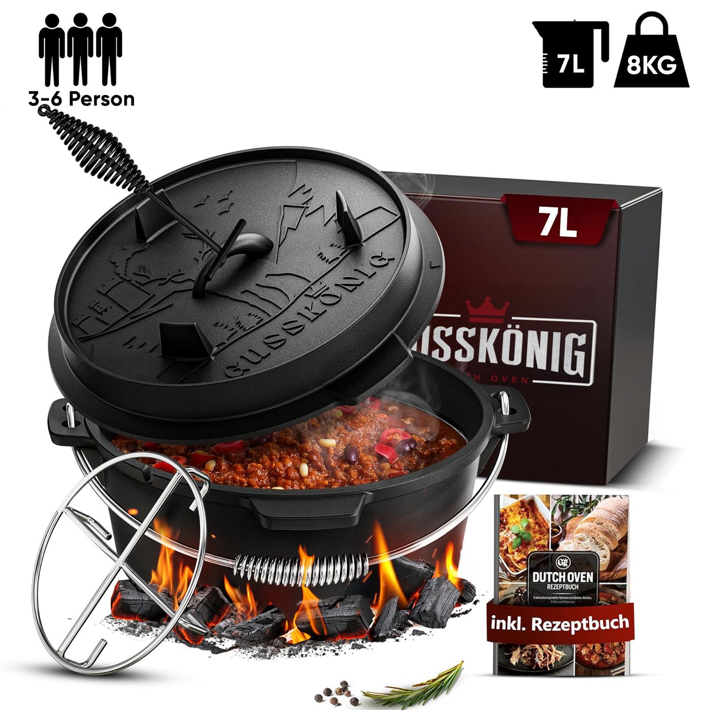 Rustikaler Dutch Oven mit Deckelheber und Untersetzer [5L, 7L, 9L, 12L]