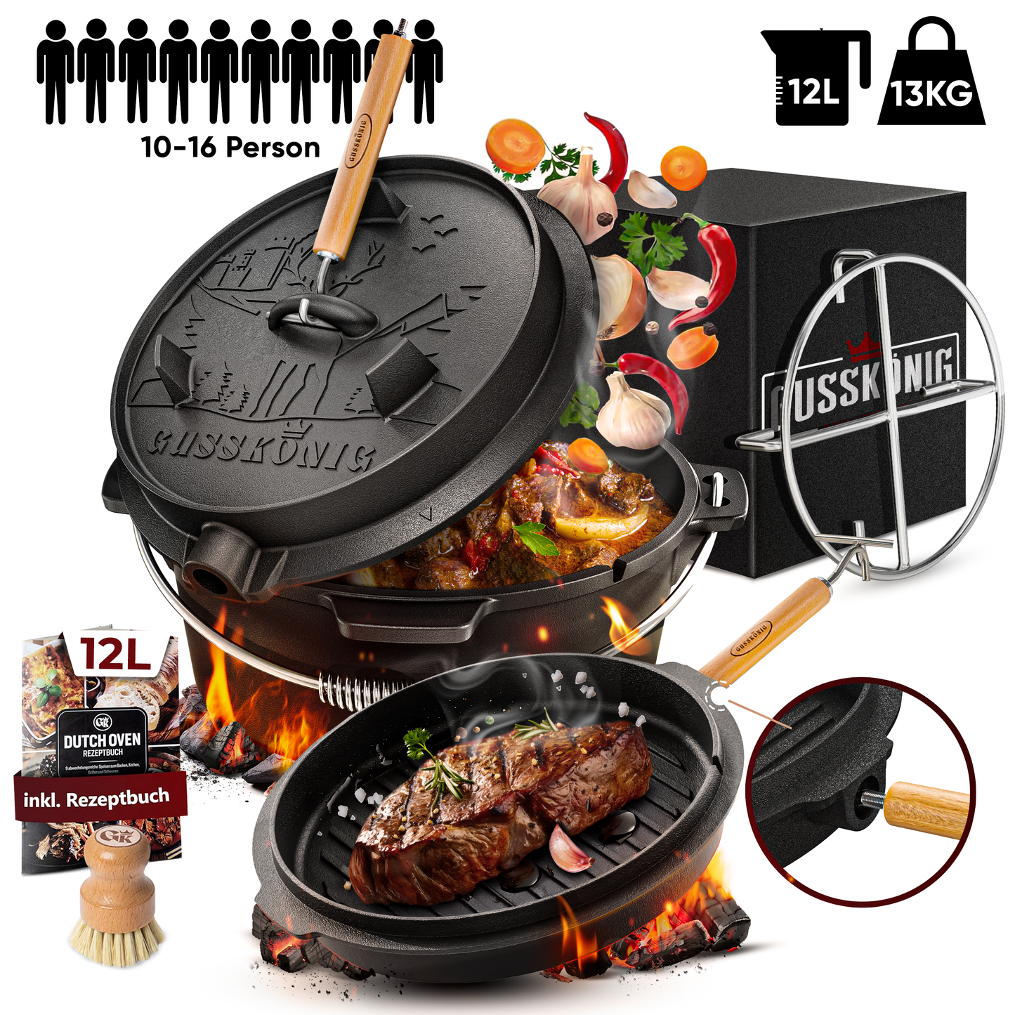 Dutch Oven mit 2in1Deckelheber und Untersetzer [5L, 7L, 9L, 12L]
