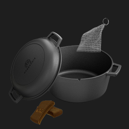 Dutch Oven mit Ledergriffen und praktischer Deckelpfanne