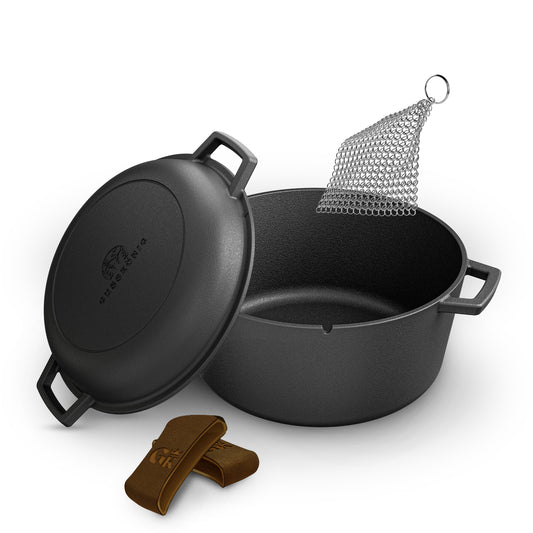 2in1 Dutch Oven: 4,8L Topf + 1,8L Pfanne, Gusseisen, eingebrannt, mit Deckel, Zubehör & Kochbuch