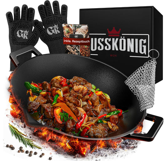 Gusseisen Wok Pfanne 36 cm - mit Grillhandschuhe