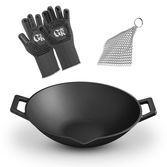 Gusseisen Wok Pfanne 36 cm - mit Grillhandschuhe