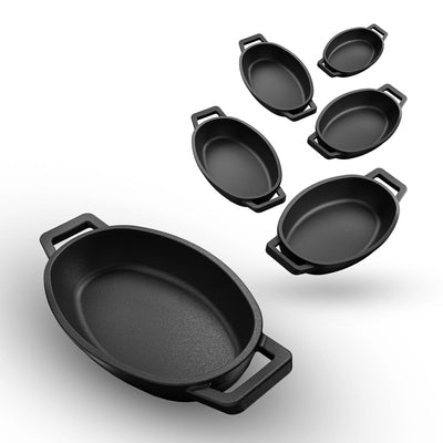GUSSKÖNIG Servierpfannen Set  - 6 ovale Gusseisen Grillpfännchen  -  Gusseisenpfanne klein  inkl. Rezeptbuch