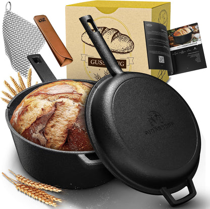 2in1 Dutch Oven: 4,8L Topf + 1,8L Pfanne, Gusseisen, eingebrannt, mit Deckel, Zubehör & Kochbuch