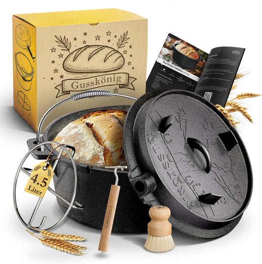 Gusskönig Gusseisen Brotbackform mit Deckel 26 cm - Brotbacktopf inkl. Rezeptbuch [4.5L, 9L, 12L]