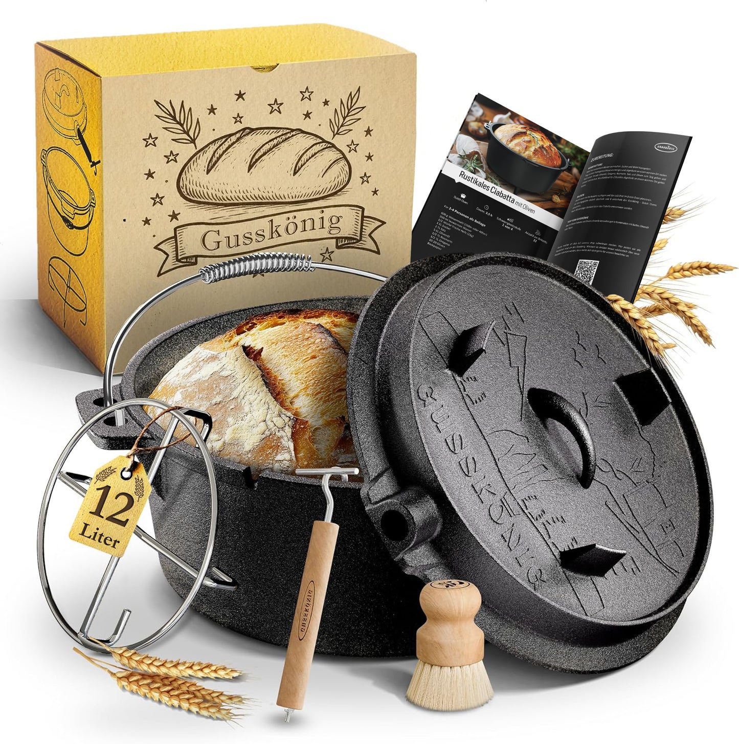 Gusskönig Gusseisen Brotbackform mit Deckel 26 cm - Brotbacktopf inkl. Rezeptbuch [4.5L, 9L, 12L]
