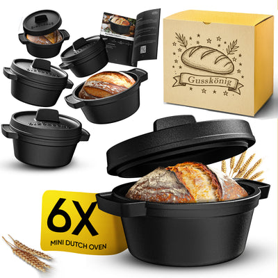 GUSSKÖNIG Mini Gusseisen Brotbackform Set – [6x, 4x] 300ml Brotbacktopf mit Deckel