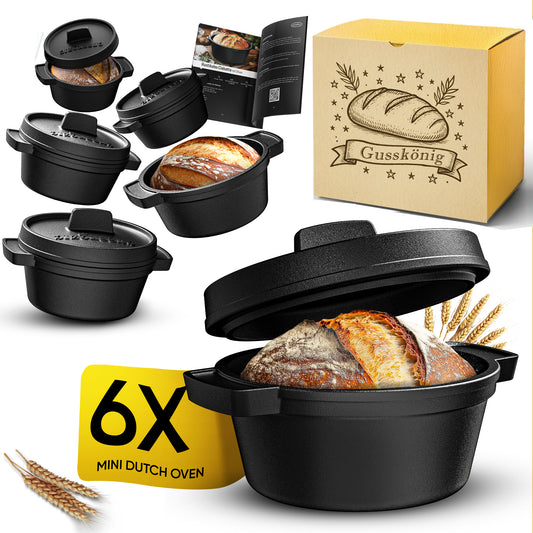 GUSSKÖNIG Mini Gusseisen Brotbackform Set – [6x, 4x] 300ml Brotbacktopf mit Deckel