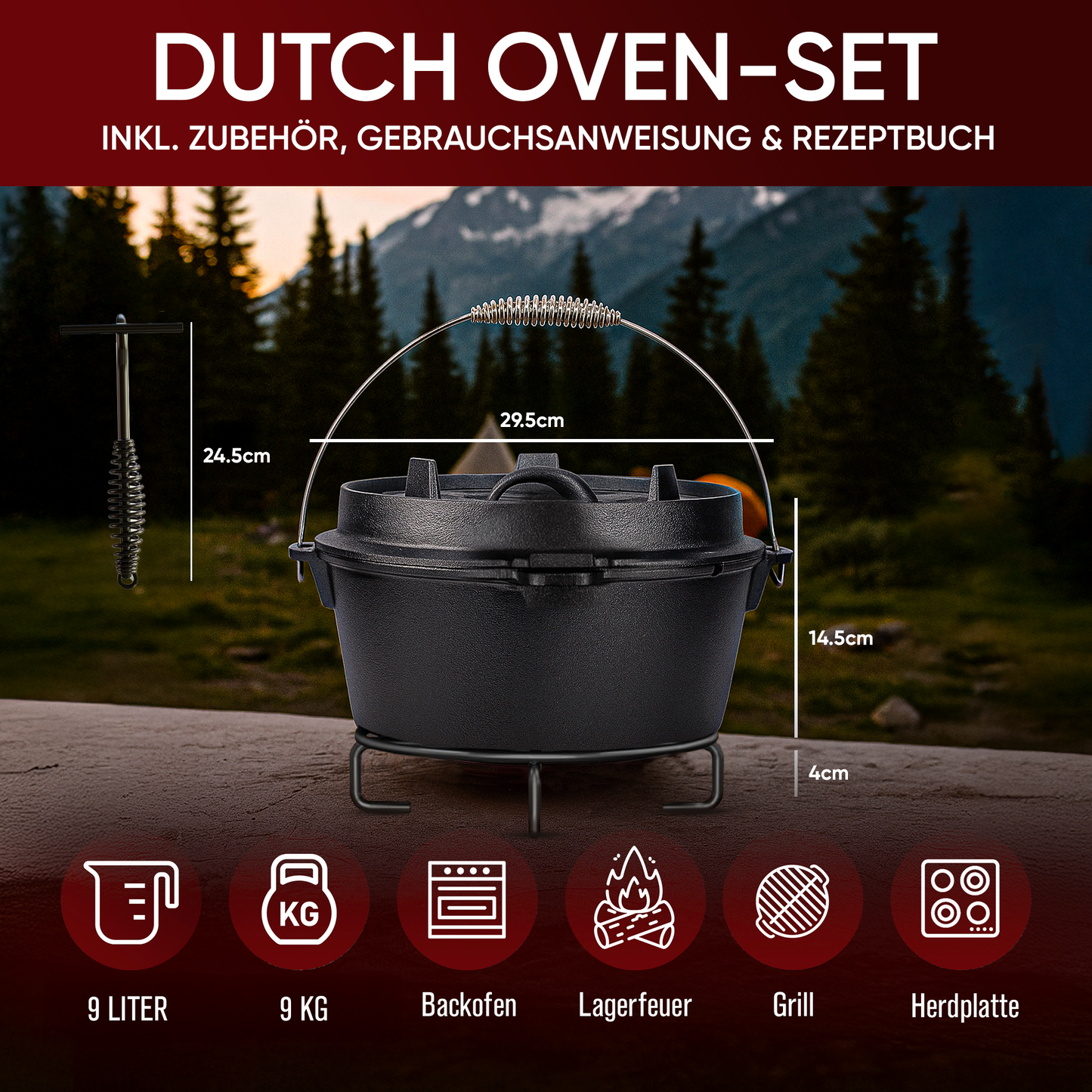 Rustikaler Dutch Oven mit Deckelheber und Untersetzer [5L, 7L, 9L, 12L]