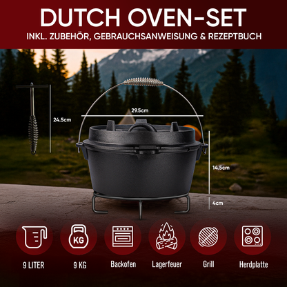 Rustikaler Dutch Oven mit Deckelheber und Untersetzer [5L, 7L, 9L, 12L]