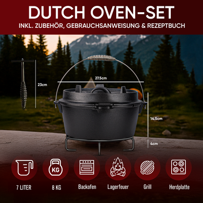 Rustikaler Dutch Oven mit Deckelheber und Untersetzer [5L, 7L, 9L, 12L]