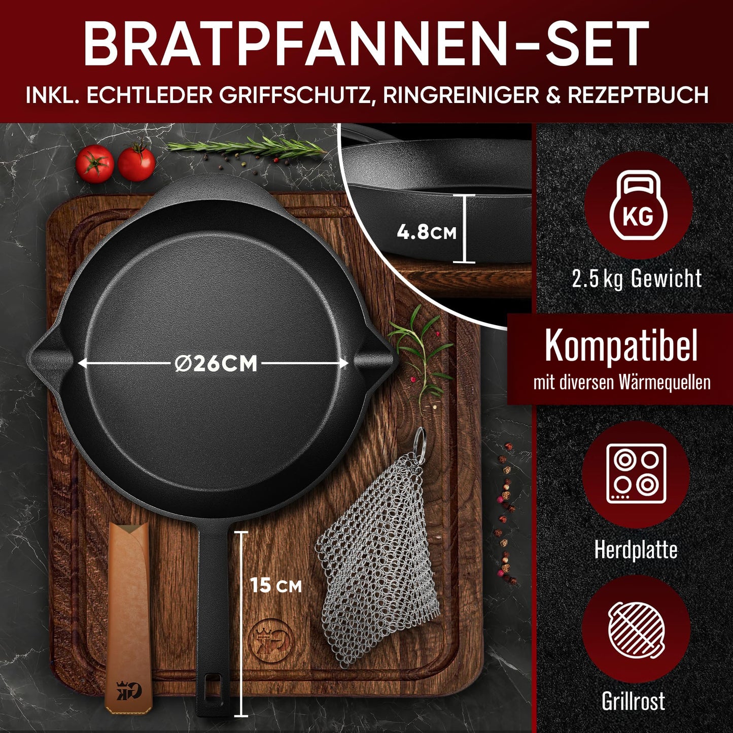 Bratpfanne mit Edelstahl Ringreiniger und Leder-Griffschutz [26cm,30cm]