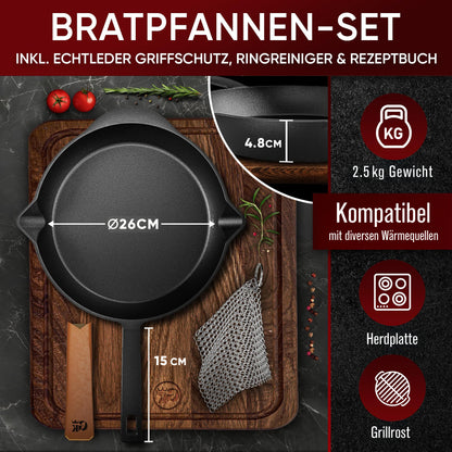 Bratpfanne mit Edelstahl Ringreiniger und Leder-Griffschutz [26cm,30cm]