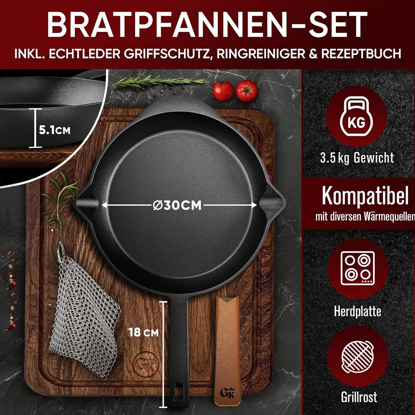 Bratpfanne mit Edelstahl Ringreiniger und Leder-Griffschutz [26cm,30cm]