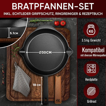 Bratpfanne mit Edelstahl Ringreiniger und Leder-Griffschutz [26cm,30cm]