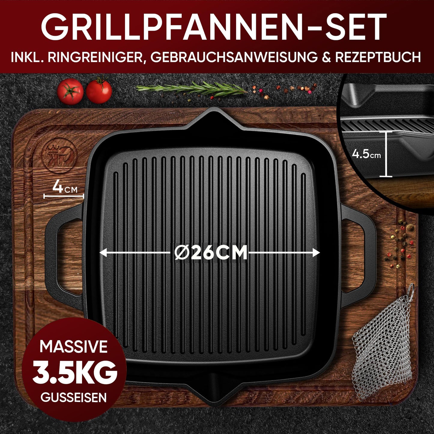 Grillpfanne mit Edelstahl Ringreiniger [26cm,30cm]